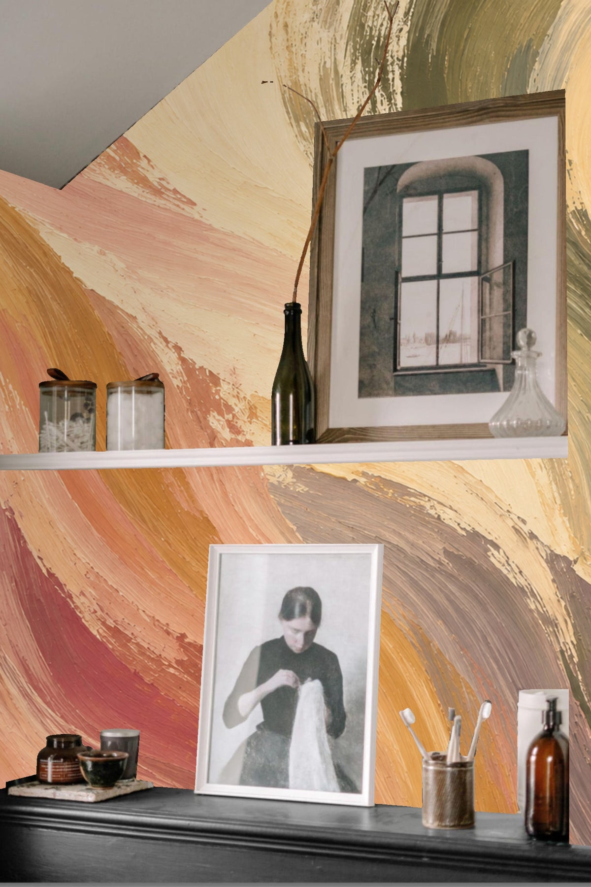 Corner wall with wallpaper showing multicolored flowing strokes behind modern furniture