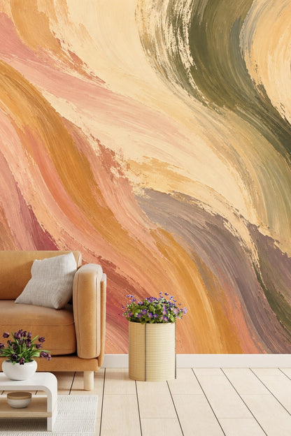 Section of abstract brushstroke wallpaper blending dusty pink and tan shades