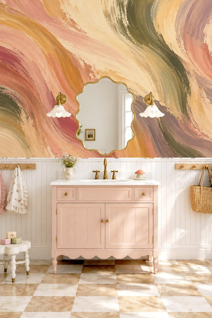 Textured paint strokes in layered earth and muted purple tones