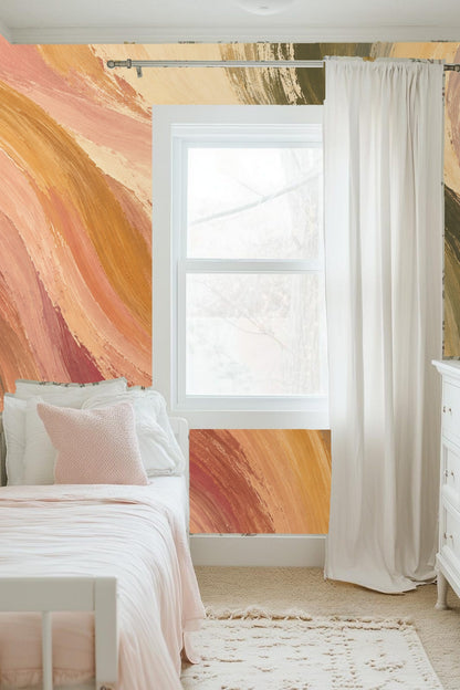 Interior wall showcasing artistic waves of ochre and muted mauve tones