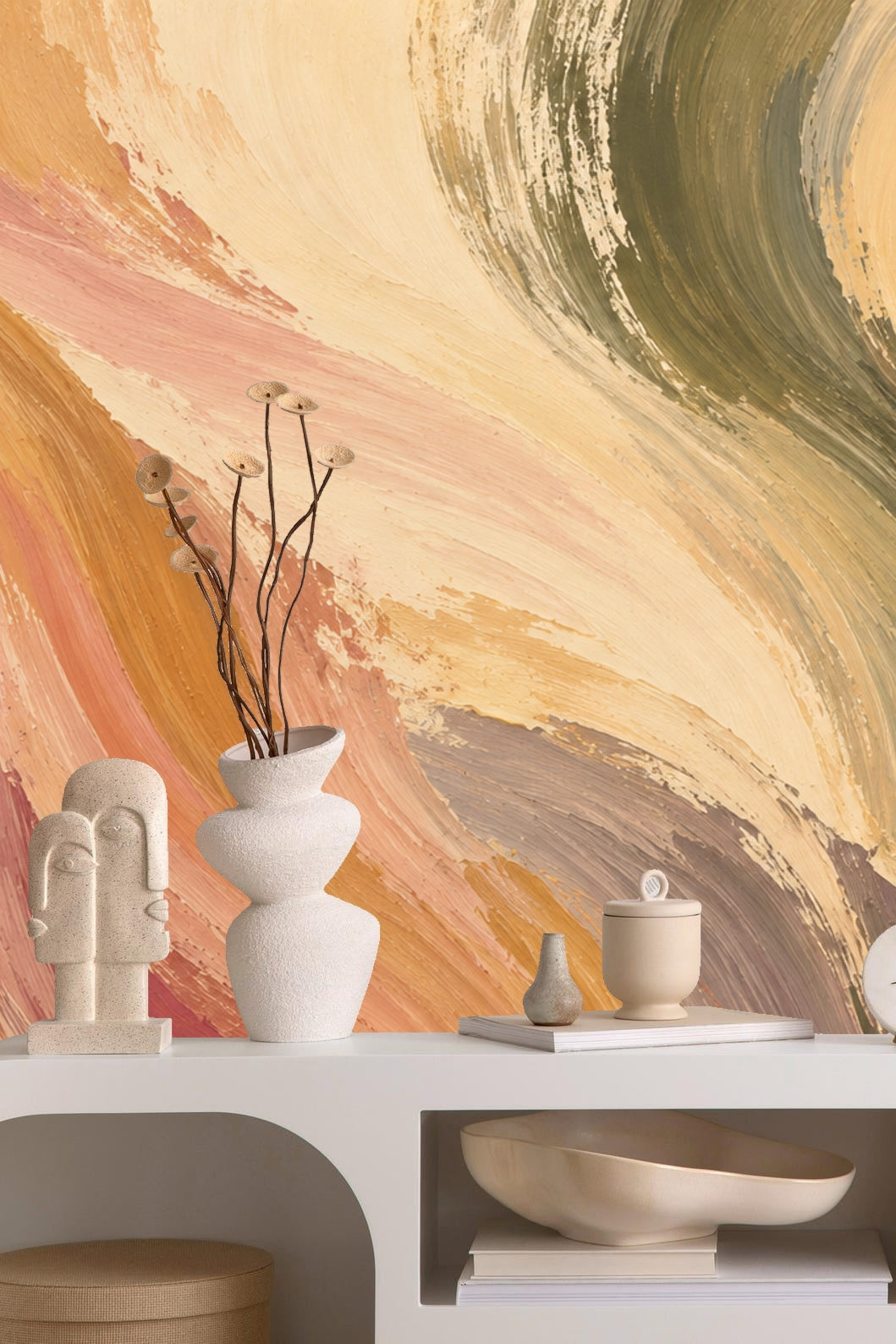 Detail of broad curving brush marks in vintage pastel palette
