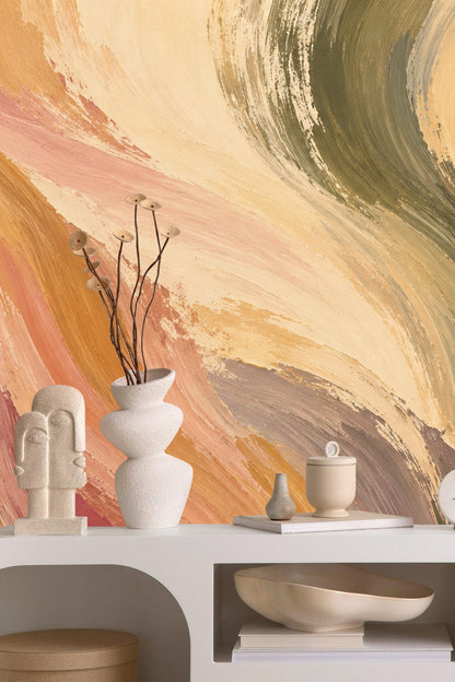 Detail of broad curving brush marks in vintage pastel palette