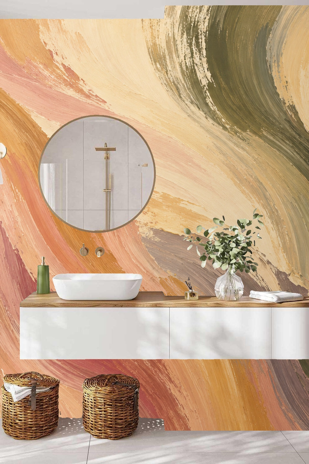 Horizontal panel of wallpaper with overlapping brushed color bands