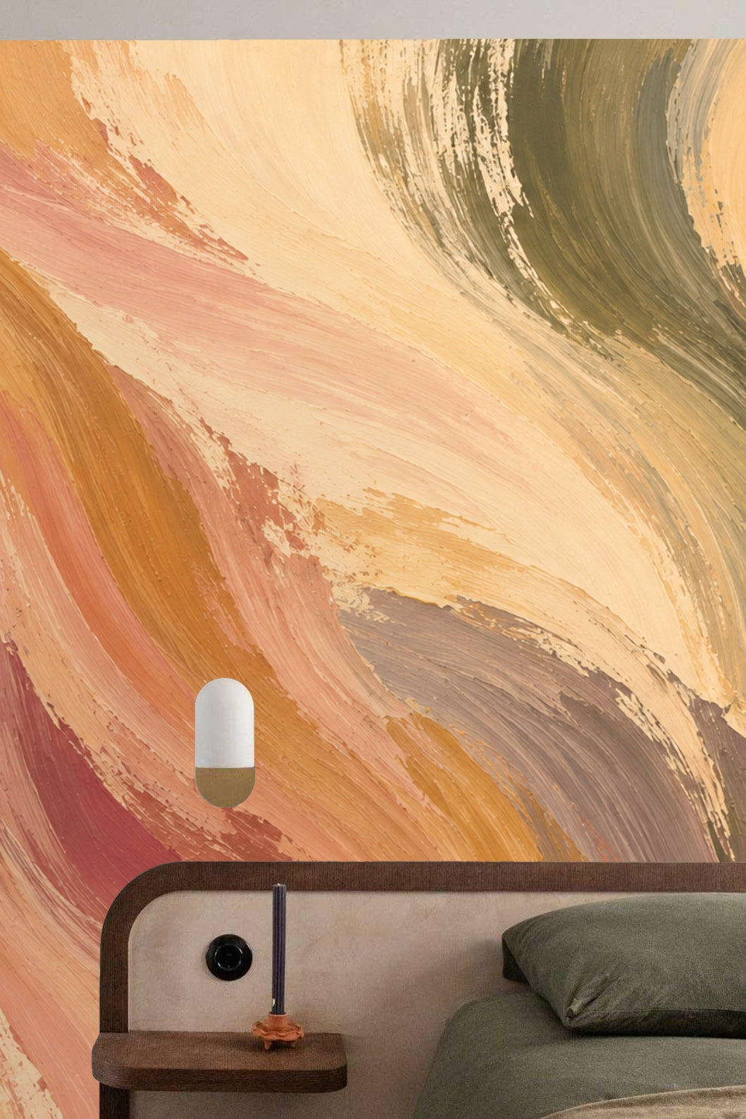 Part of wall mural featuring undulating waves of terra cotta and muted green hues