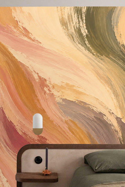 Part of wall mural featuring undulating waves of terra cotta and muted green hues