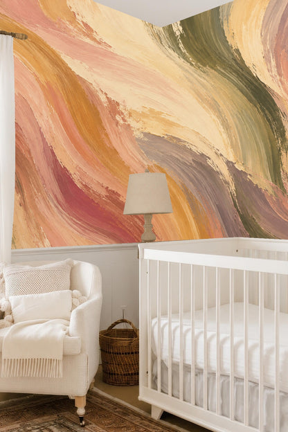 Large scale image of swirling painted stripes in soft earthen colors