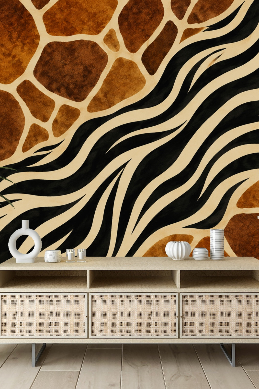 Side view of the wallpaper in a natural light setting highlighting the color contrast between warm earthy patches and black and cream zebra