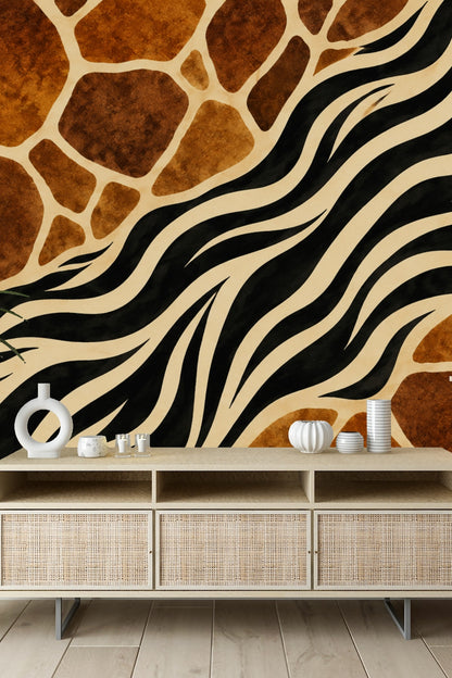 Side view of the wallpaper in a natural light setting highlighting the color contrast between warm earthy patches and black and cream zebra