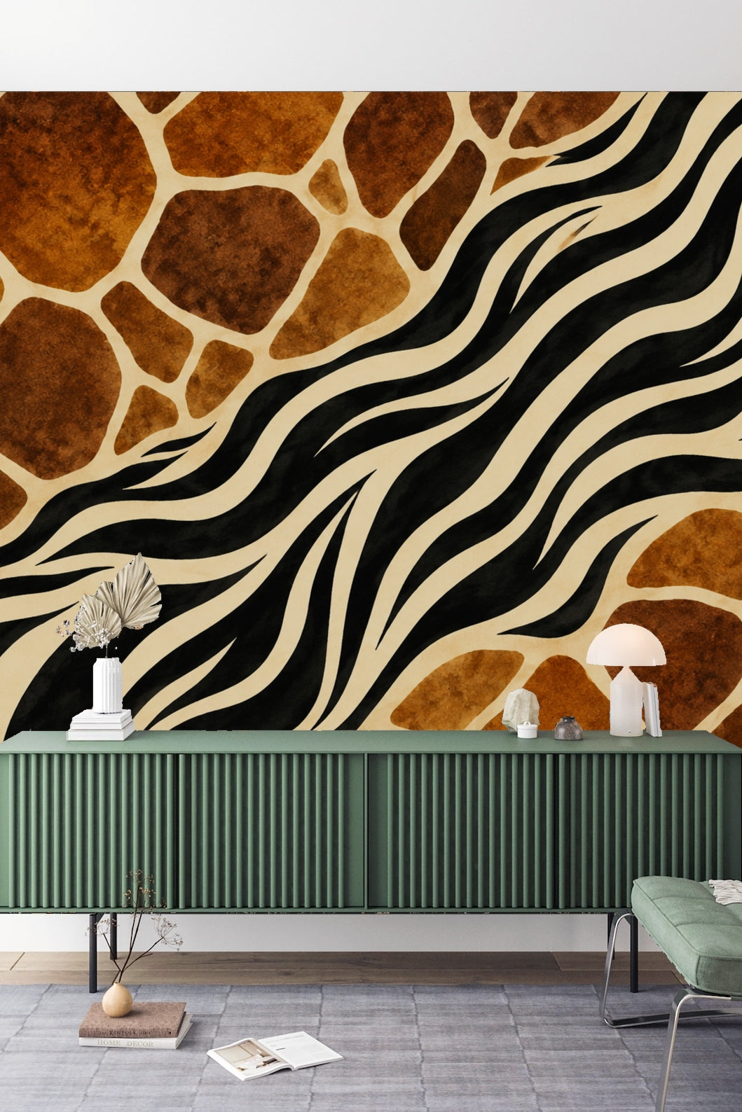 Living room corner displaying the wallpaper pattern with flowing zebra stripes and warm brown patches behind a modern white armchair and low