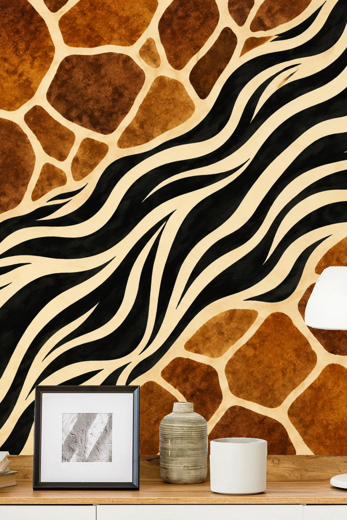 Decorative wallpaper wall blending natural motifs of animal fur patterns in warm tones with contrasting black stripes for emphasis