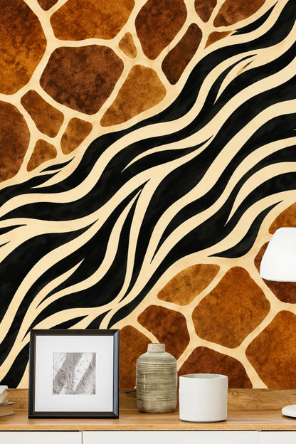 Decorative wallpaper wall blending natural motifs of animal fur patterns in warm tones with contrasting black stripes for emphasis