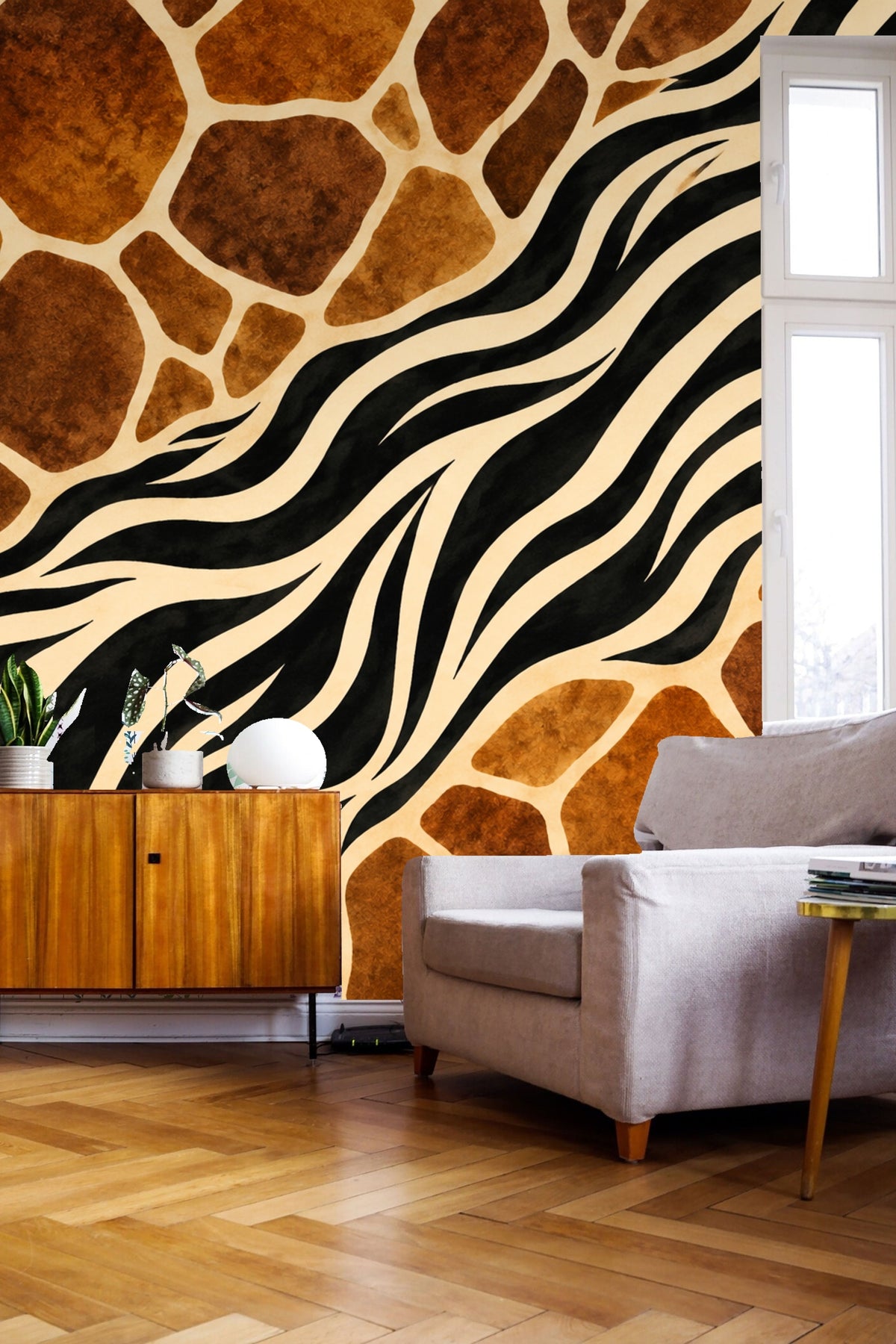 Image of wallpaper pattern against a cream floor around minimalist decor to show versatility in different room styles