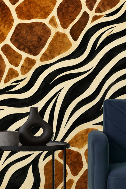 Partial wall with the wallpaper beside a wooden bedside table to illustrate scale and the interplay of earthy tones with graphic black
