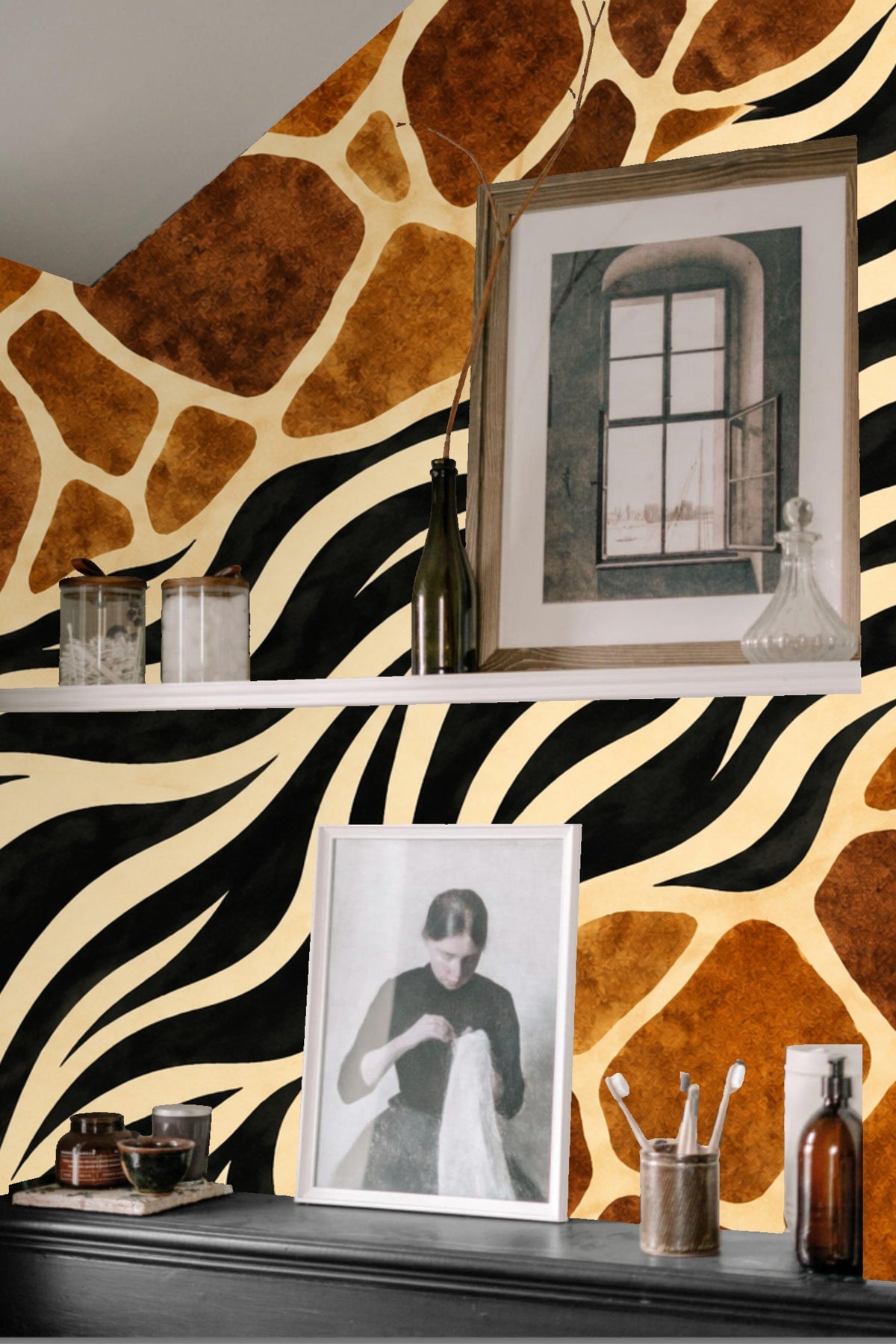 Close view of flowing zebra stripes curving organically paired with textured giraffe spots in a matte finish wallpaper material