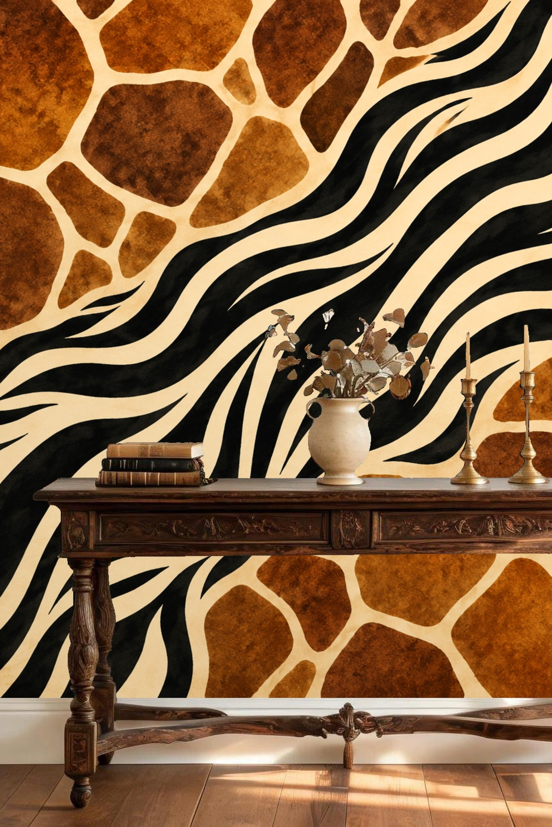 Stylized, large-scale wallpaper design featuring animal-inspired prints integrated in an abstract continuous pattern across the wall