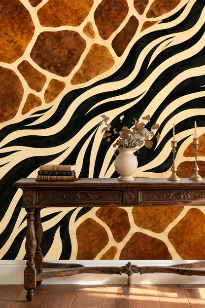 Stylized, large-scale wallpaper design featuring animal-inspired prints integrated in an abstract continuous pattern across the wall