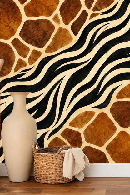 Wallpaper pattern section showing irregular giraffe-like brown patches on a cream background with bold black flowing zebra stripes crossing