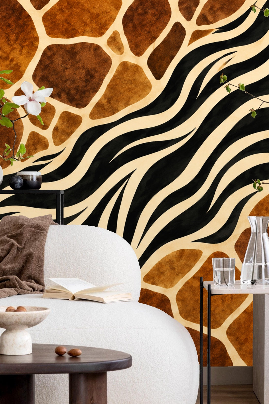 Bedroom interior with a feature wall showcasing the wallpaper pattern with brown patches and black zebra stripes behind a wood bed and white