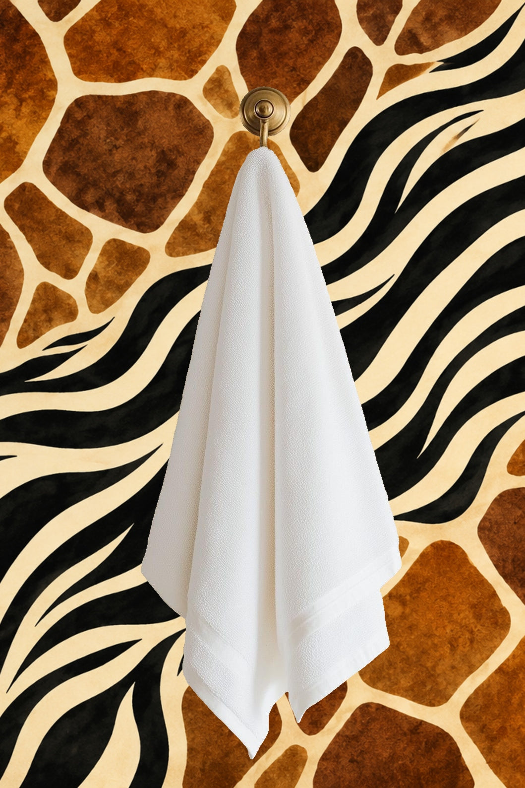 Detail emphasizing the contrast between textured brown irregular shapes and smooth black stripes over a cream field, highlighting the