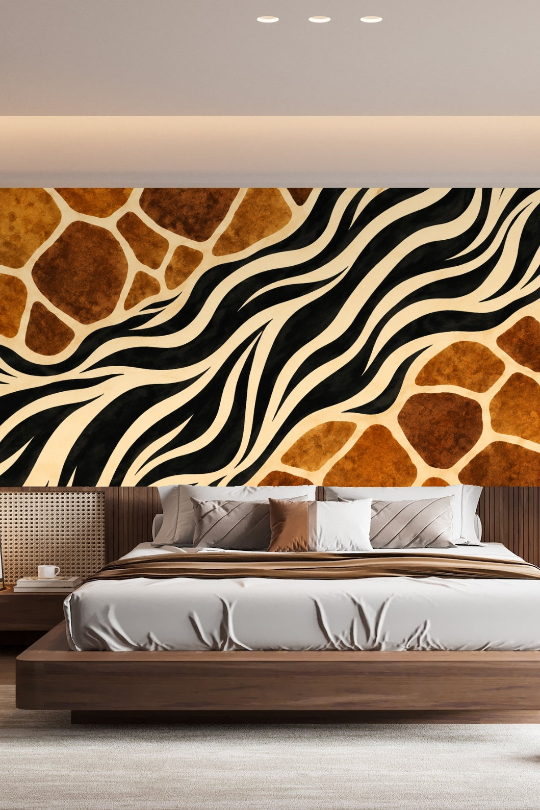 Close-up of a large-scale wallpaper pattern featuring warm brown giraffe patches intersected by flowing black and cream zebra stripes.