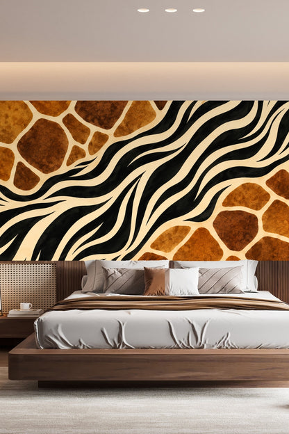 Close-up of a large-scale wallpaper pattern featuring warm brown giraffe patches intersected by flowing black and cream zebra stripes.