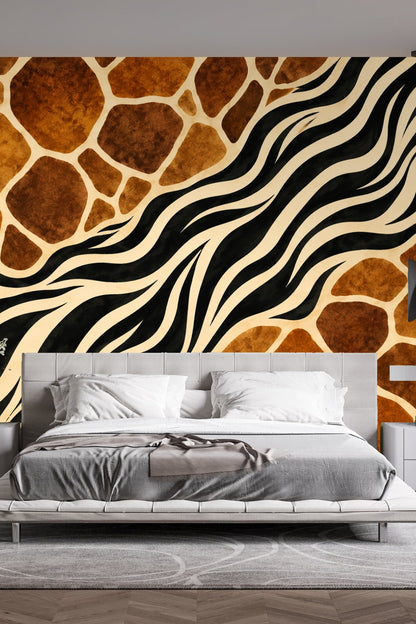 Detail of the wallpaper pattern emphasizing the soft texture effect within the brown patches and the sharp lines of the black zebra stripes