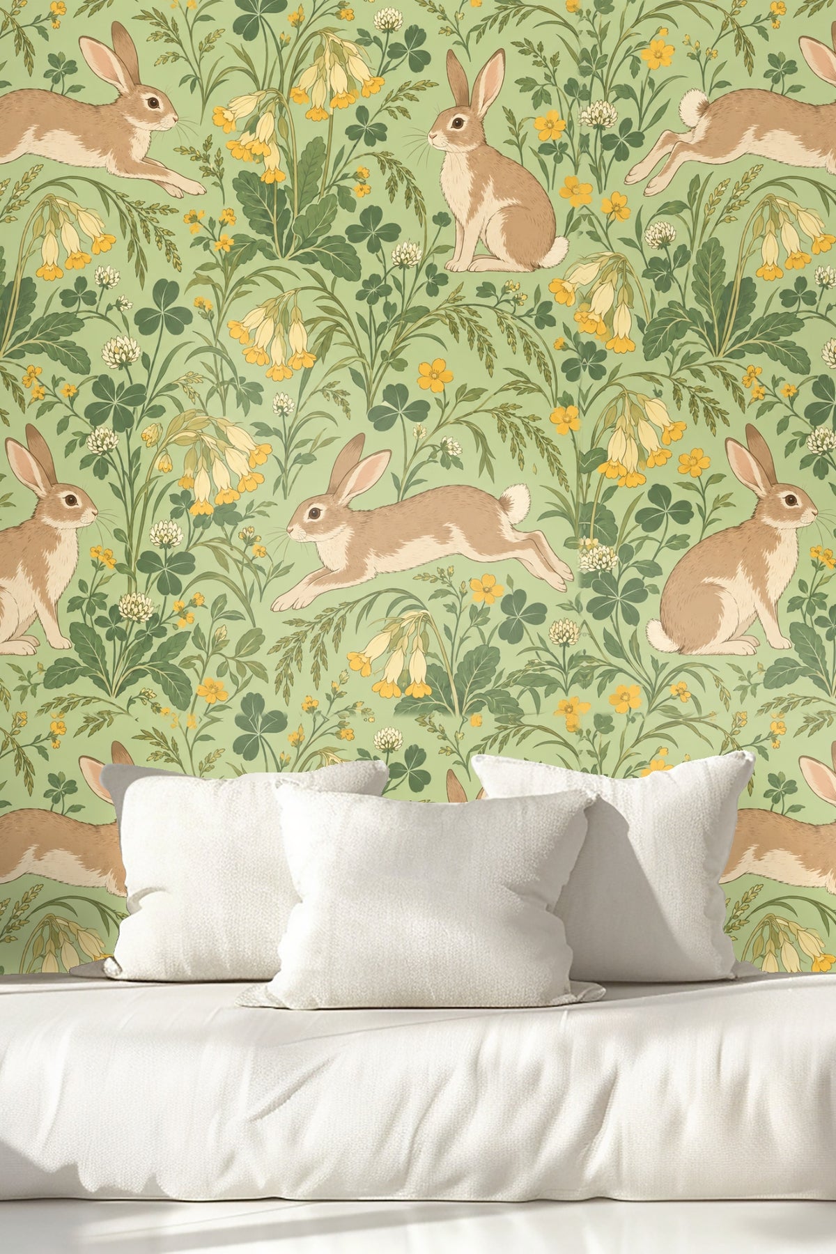 Interior view of wallpaper in a modern cozy living room setting with light wood floor and airy curtains.
