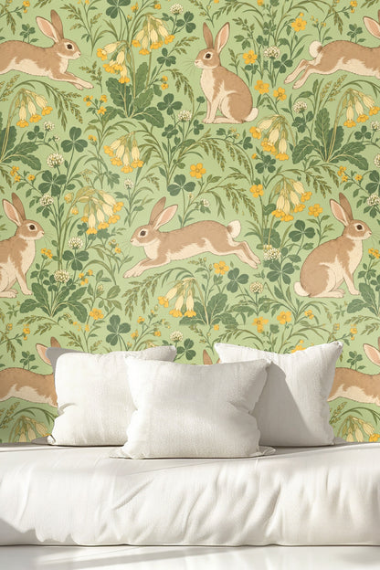 Interior view of wallpaper in a modern cozy living room setting with light wood floor and airy curtains.