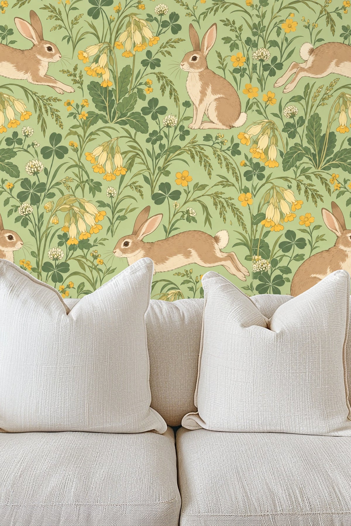 Section of wallpaper showing repeated rabbits in leaping and sitting poses with natural poses and anatomy.