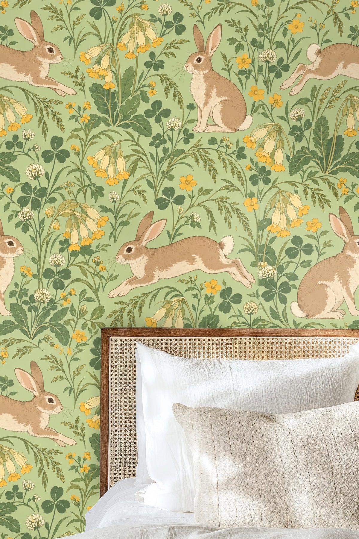 Pattern detail showing brown rabbits among yellow primrose and white clover flowers on soft sage green background.