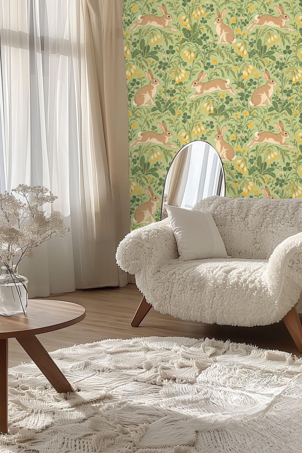 Wallpaper installed behind a cane headboard in a bedroom with white pillows and neutral linens.