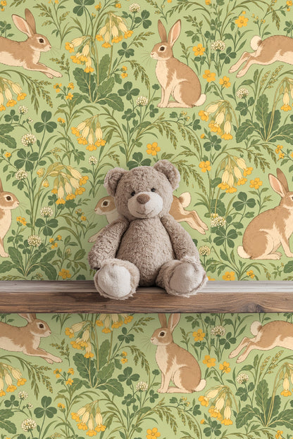 Leaves and blossoms in muted yellow and green hues with hand-drawn botanical details.