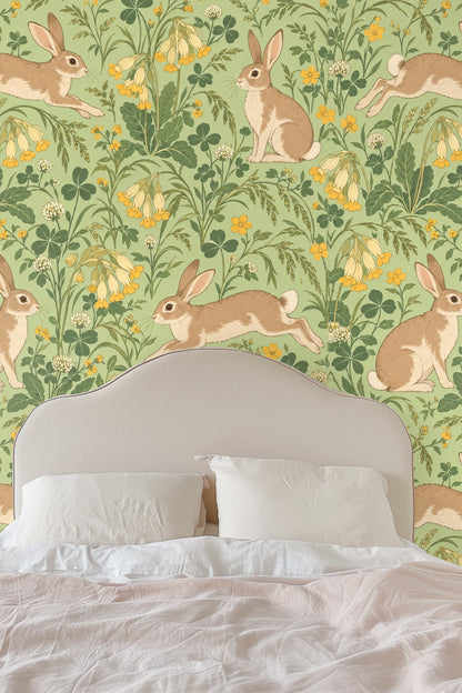 Rabbit tail detail showing the fluffy white cottontail against the floral background.