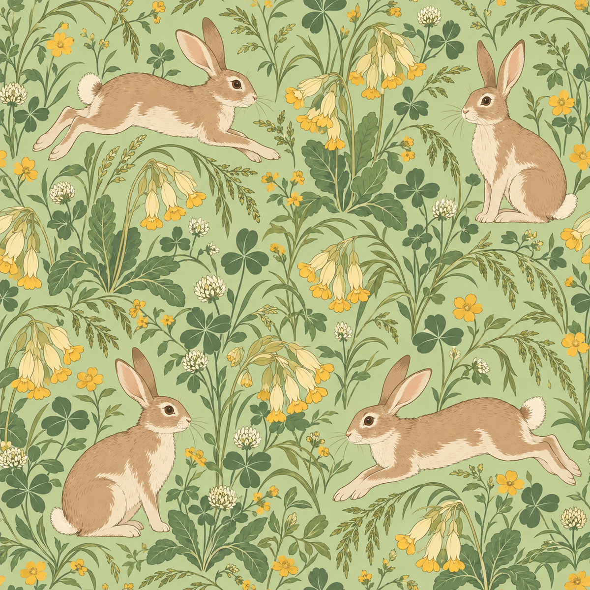Overall seamless pattern effect showing naturalistic rabbits and meadow plants in a repeating layout.