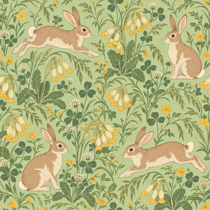 Overall seamless pattern effect showing naturalistic rabbits and meadow plants in a repeating layout.