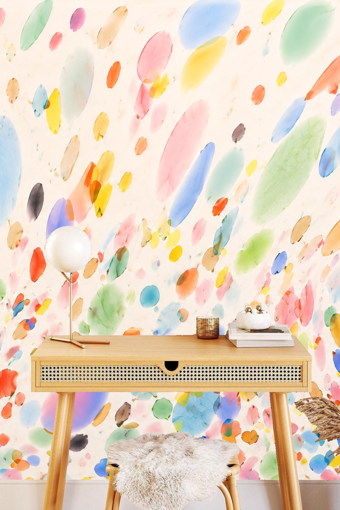 Soft pastel and vibrant watercolor droplets scattered across wallpaper surface.
