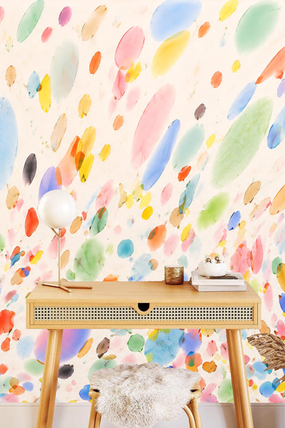 Soft pastel and vibrant watercolor droplets scattered across wallpaper surface.