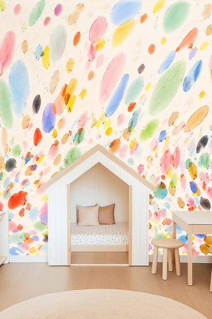 Room setting showing scale of droplets pattern in vibrant yet soft hues.