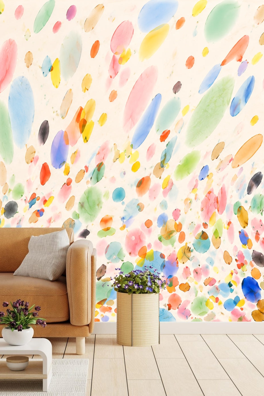 Close-up of watercolor multicolor elliptical and circular spots on cream background.
