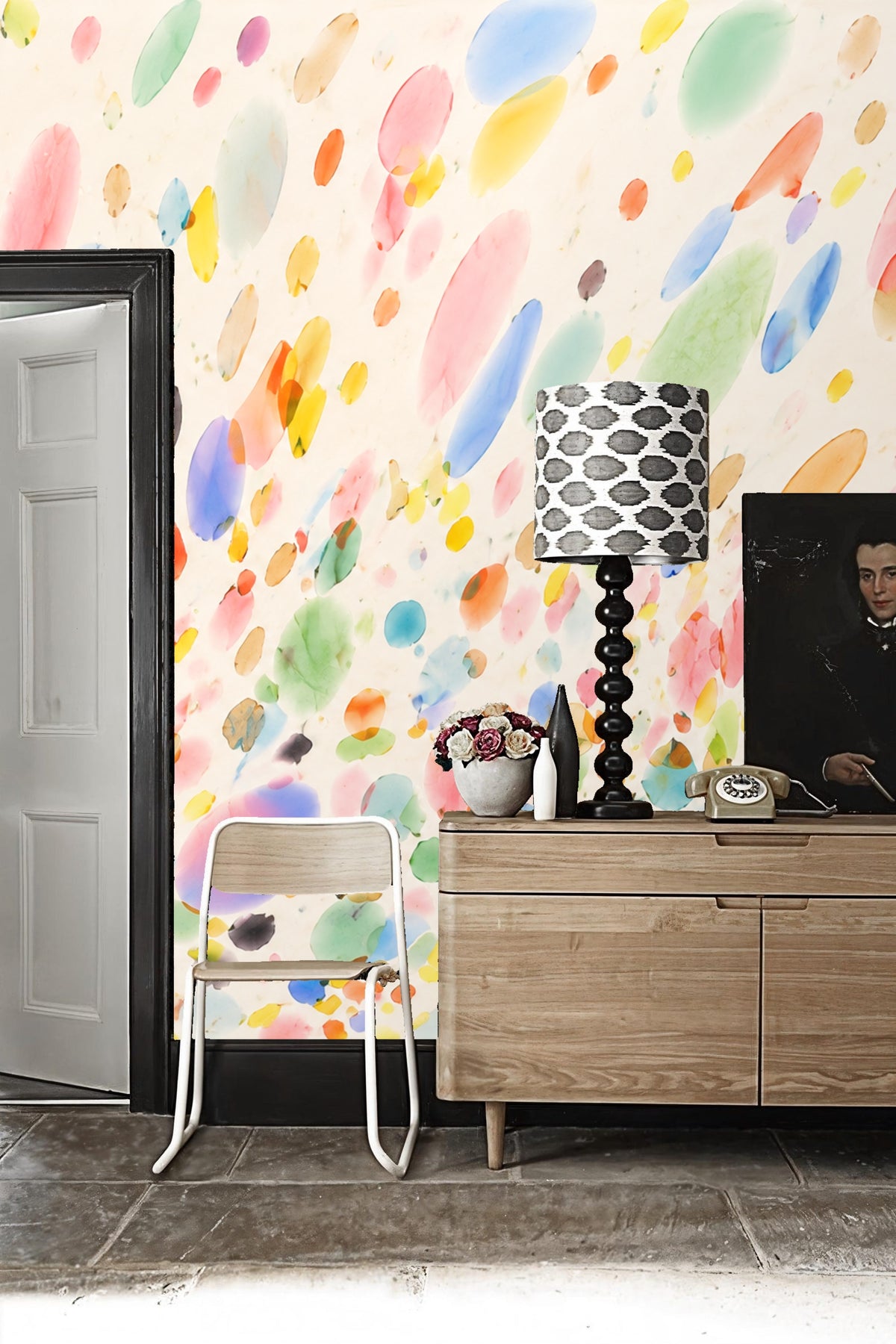 Abstract wallpaper pattern resembling floating paint droplets with soft edges.
