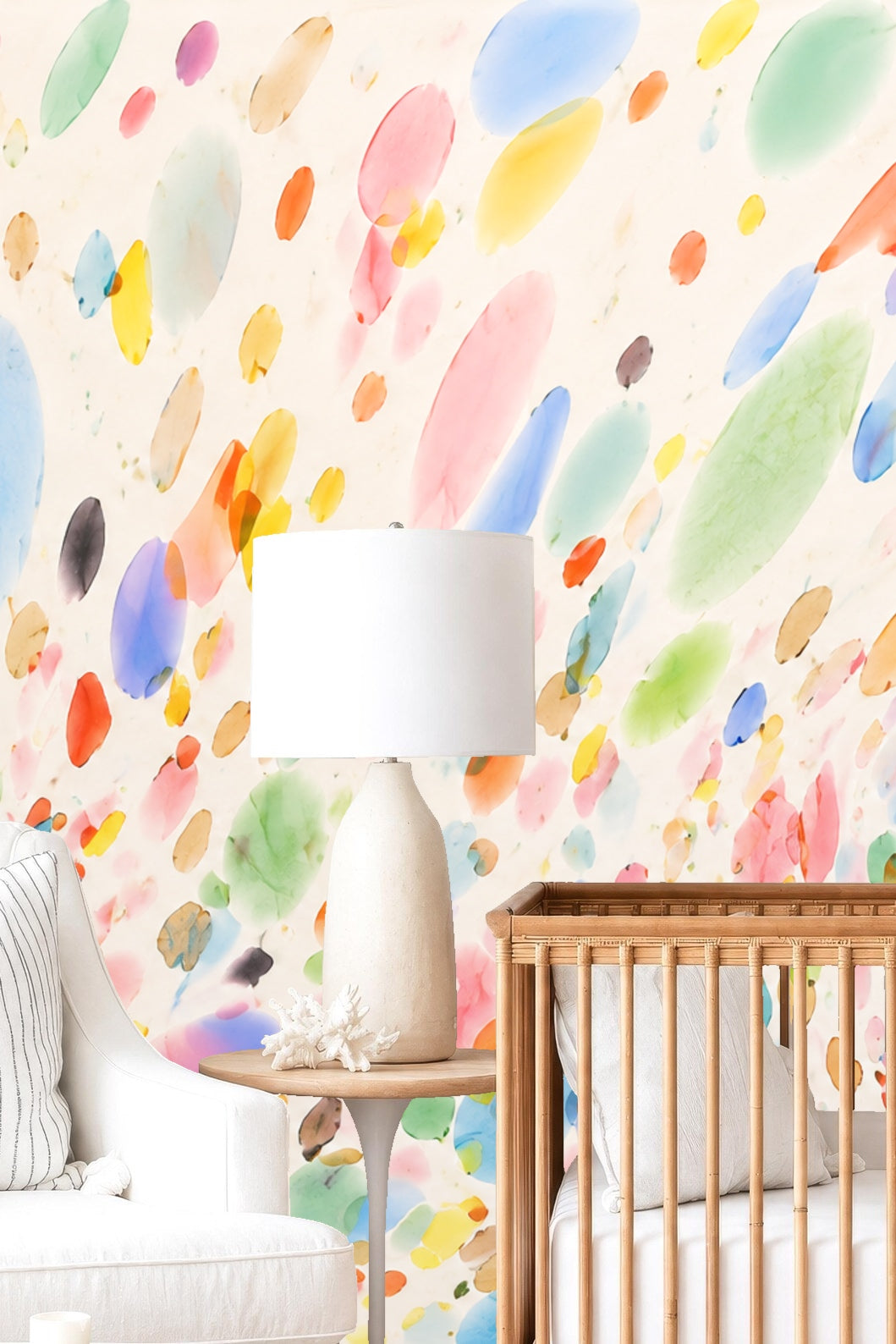 Light and airy room backdrop with colorful watercolor elliptical shapes wallpaper.