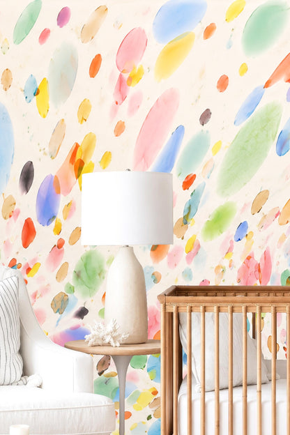 Light and airy room backdrop with colorful watercolor elliptical shapes wallpaper.