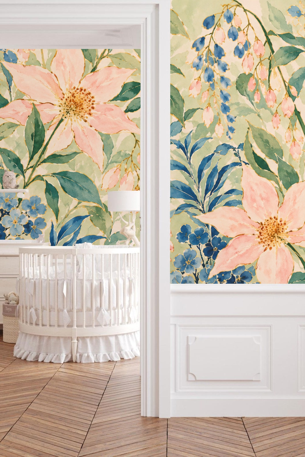 Full pattern repeat showing large scale pink blossoms and cascading blue flowers