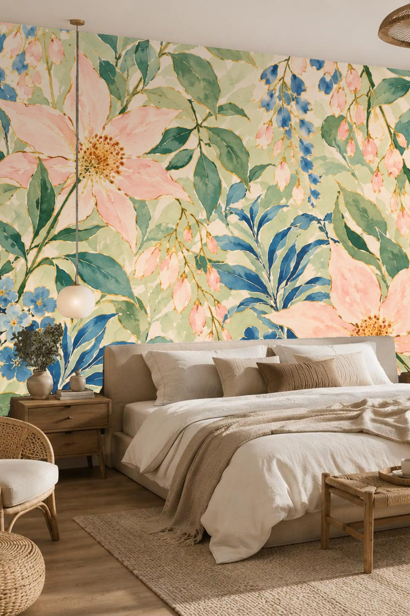 Detailed view of watercolor floral wallpaper with large pink flowers and blue clusters