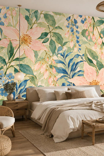Detailed view of watercolor floral wallpaper with large pink flowers and blue clusters