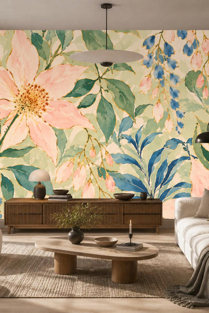 Bedroom featuring pastel floral wallpaper with pink and blue blooms behind the bed
