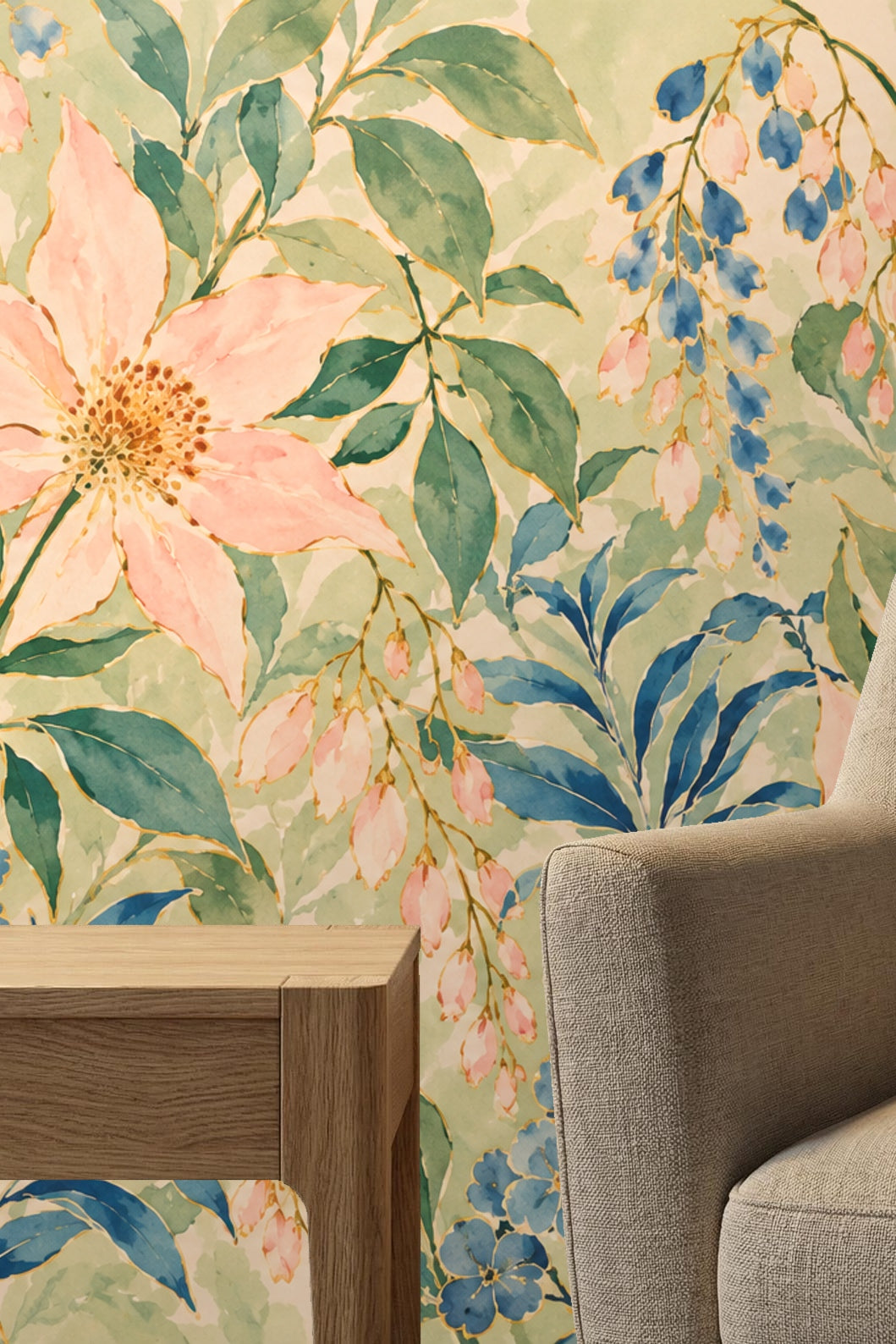 Floral wallpaper pairing with neutral-toned bedroom decor