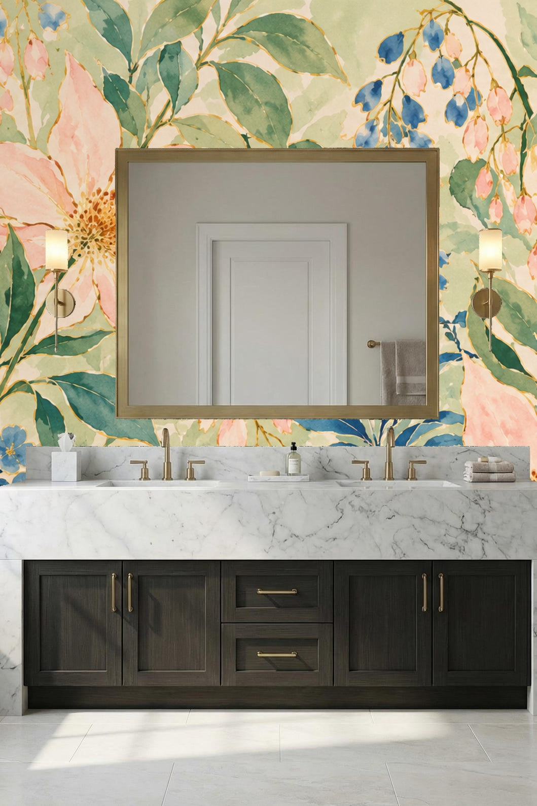 Living area with botanical mural featuring pink blooms and blue accents