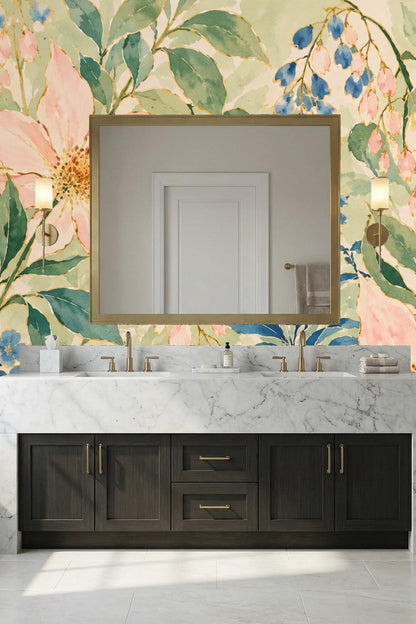 Living area with botanical mural featuring pink blooms and blue accents