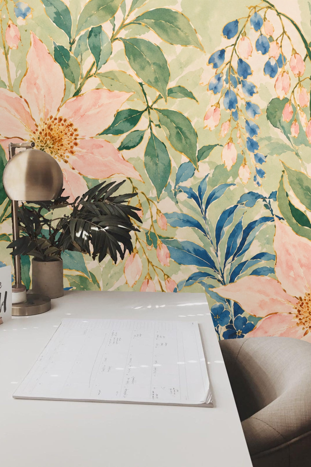 Close-up of delicate leaves and flowers in muted green, pink, and blue tones
